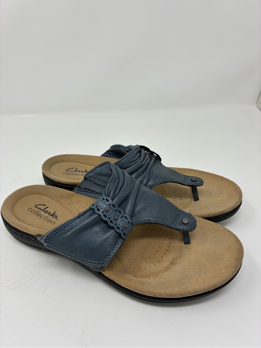 Clarks Navy Blue Leather Thong Sandals with Gathered Strap Detail